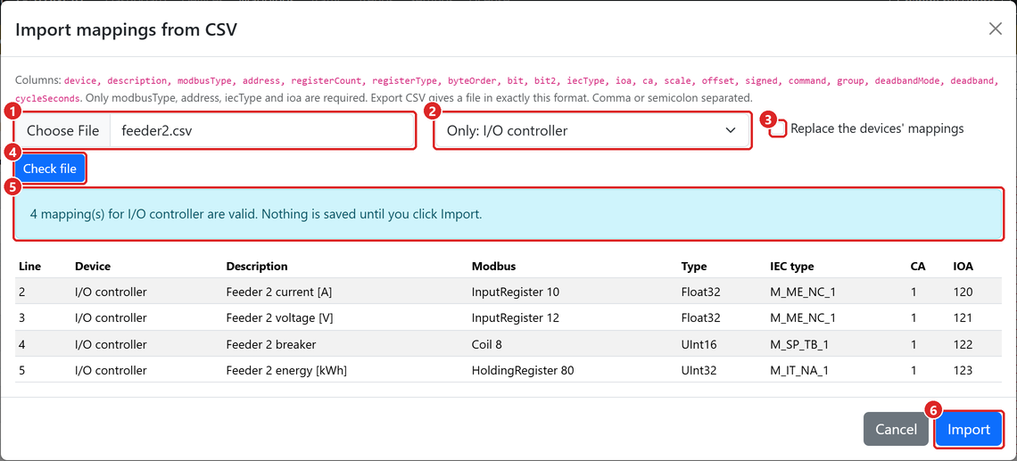 Import mappings from CSV: the checked preview.