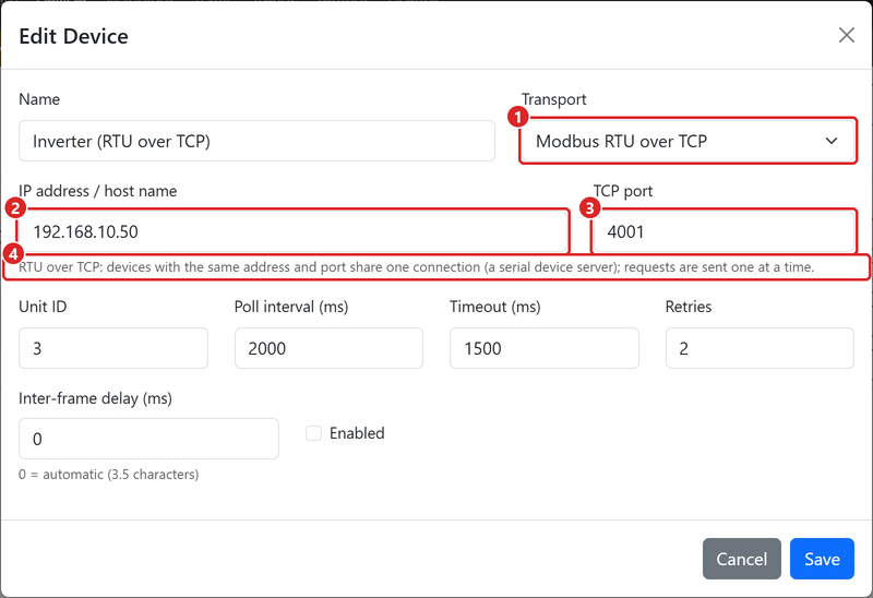 Add Device: Modbus RTU over TCP (serial device server).
