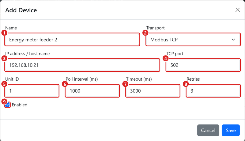 Add Device: Modbus TCP.