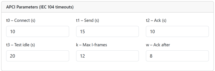 Settings: IEC 104 timers.