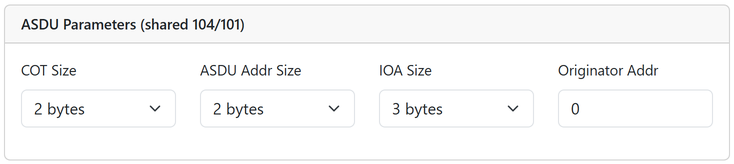 Settings: ASDU parameters (shared by IEC 104 and 101).