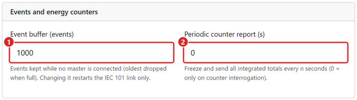 Settings: event buffer and periodic counter report.