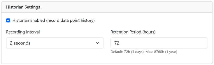 Settings: historian.