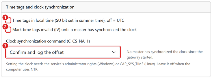 Settings: time tags and clock synchronization.