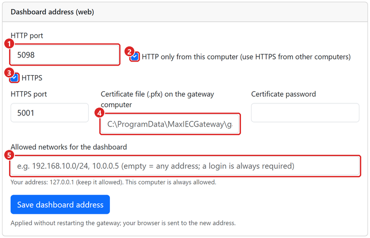 Settings: dashboard address, HTTPS and allowed networks.
