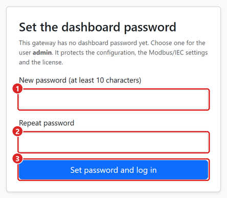 First start: choose the dashboard password.