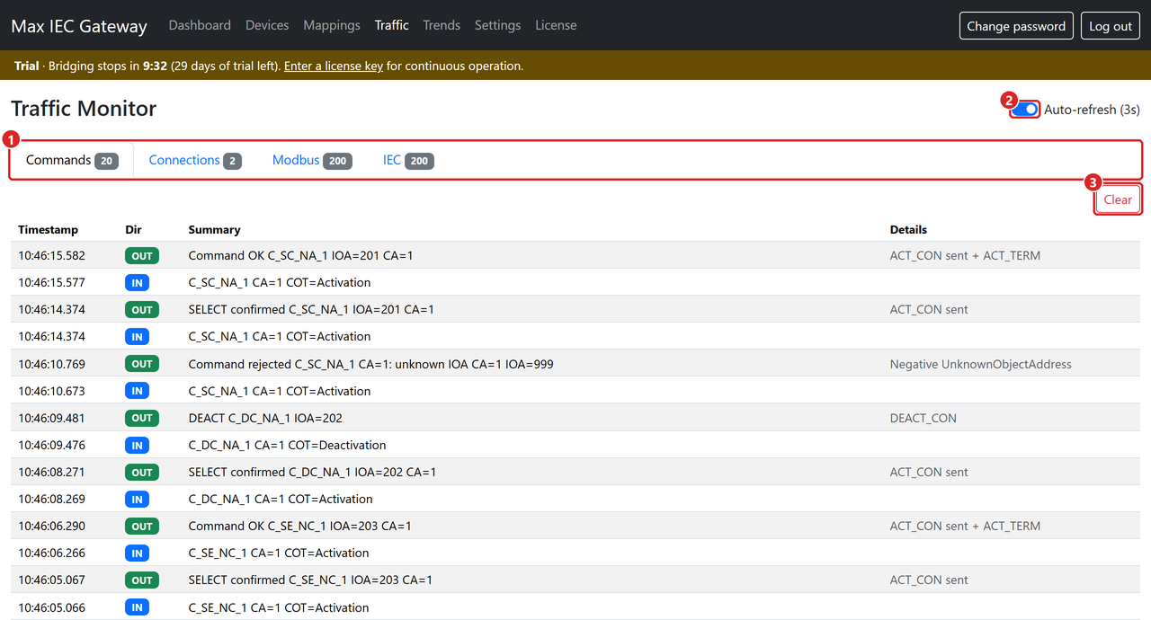 Traffic monitor: commands with select, execute, a deactivation and a rejected command.