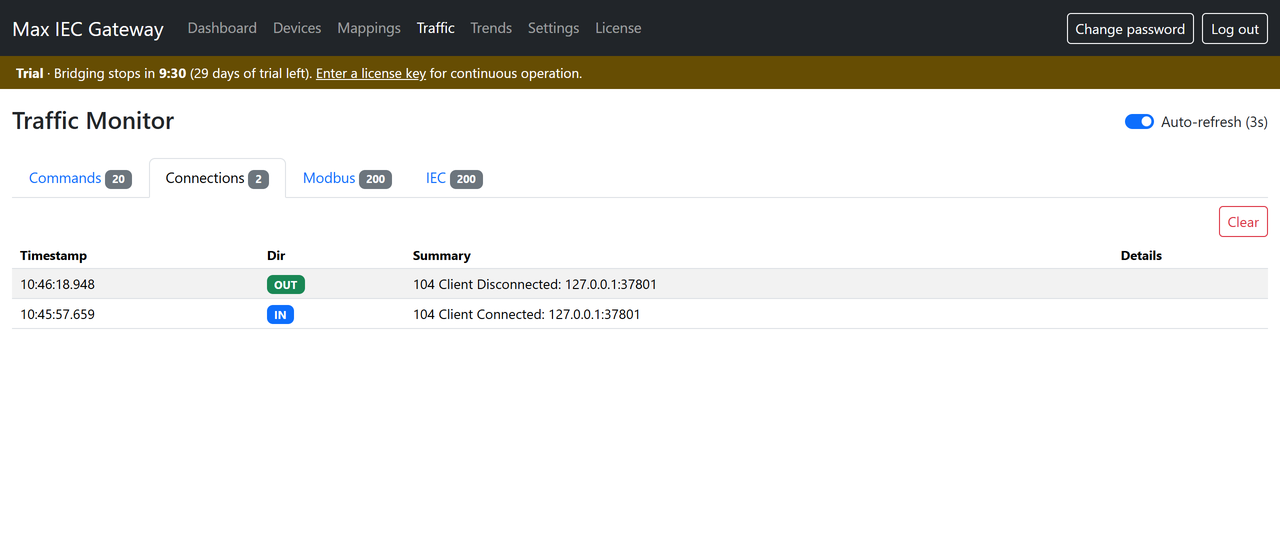 Traffic monitor: the Connections tab.