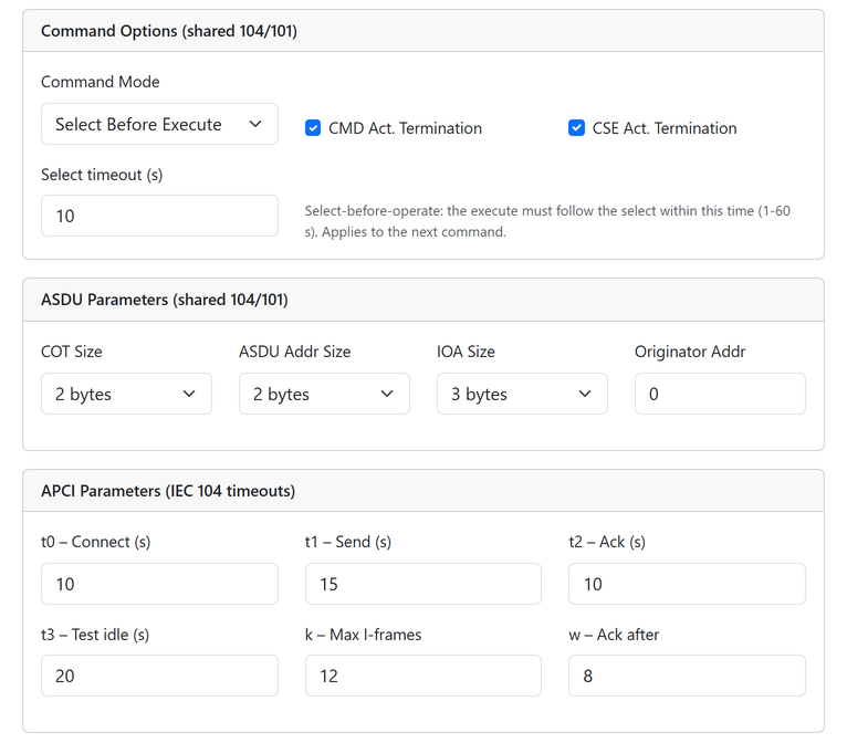 IEC 104 and IEC 101 settings: port, k, w, t0 to t3, field sizes and serial link options