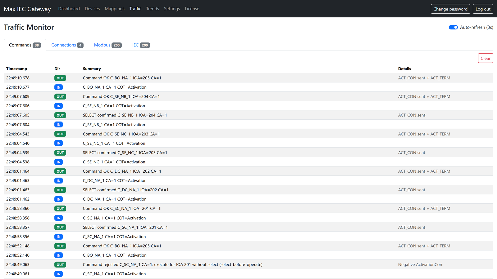 Traffic monitor with Modbus polls, IEC messages, commands and connection events